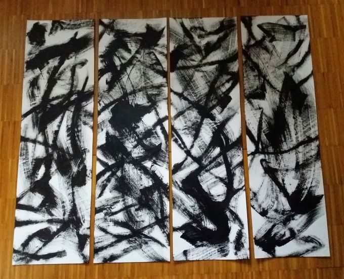 NEVER AGAIN? Acrylic on paper, 4 pieces, H100xW30cm each, part of series BACK TO BLACK
