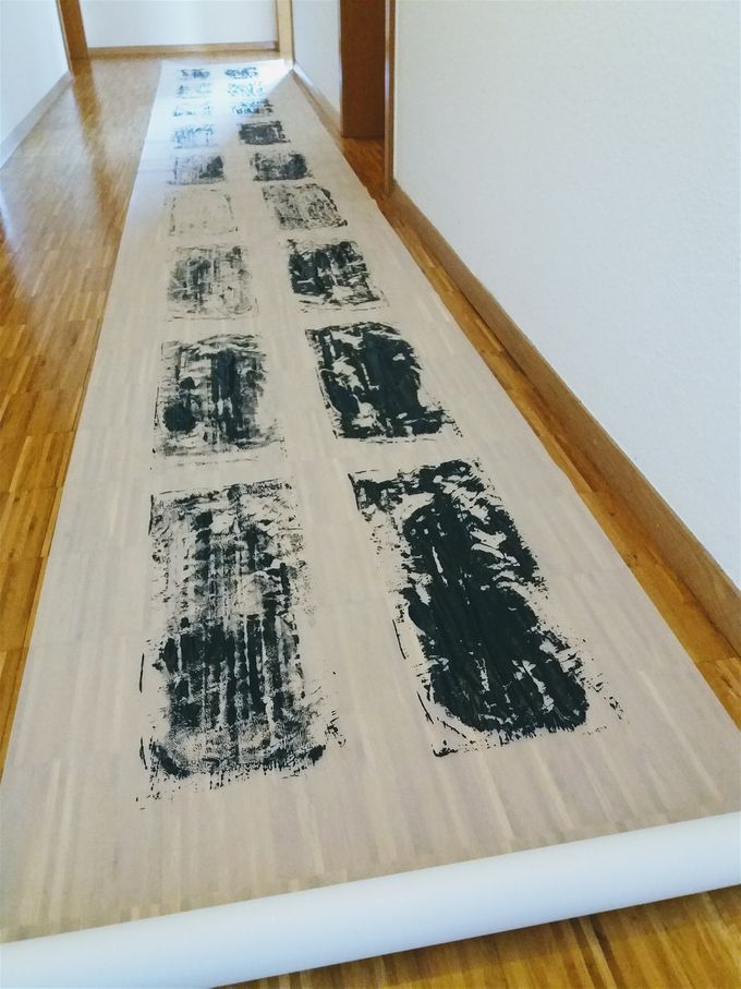 TRANSITIONS.(I) Acrylic on semi-transluscent paper, monotype, H500xW70cm
