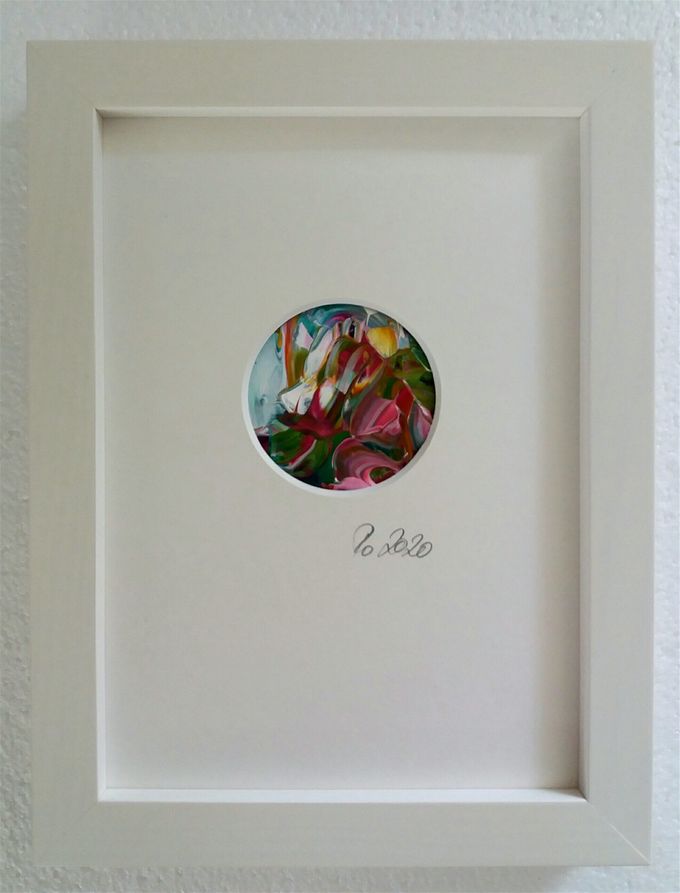 ONE SPRING MORNING. Acrylic on paper, 5cm in diameter, framed H20xW15cm, SOLD!
