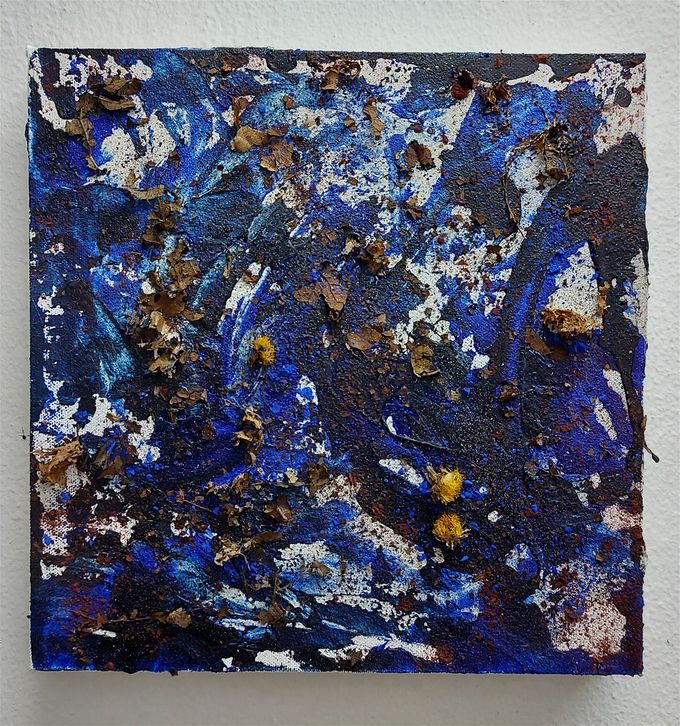 METAMORPHOSES. (I) Acrylic, structure paste, pigments, dried flowers and leaves on canvas, 30x30x4cm - part of a series of five works, three the size of 30x30x4cm and two the size of 50x50x4cm